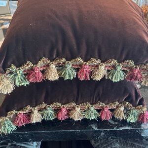 Brown velvet tassel trimmed down throw pillows